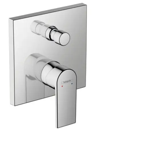 Wannenmischer von Hansgrohe mit Einhebelbedienung und Unterputzmontage. Insgesamt verchromte Oberfläche mit Temperaturanzeige in Rot und Blau.